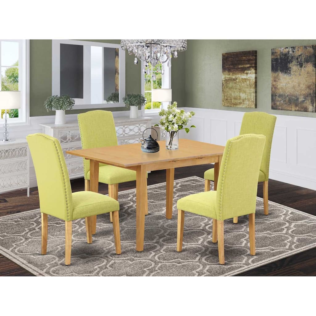 Nordic Dinette Set 5Pc Rectangle Table & 4 Chairs - Linen Fabric & Oak Legs - 42" to 53.5"