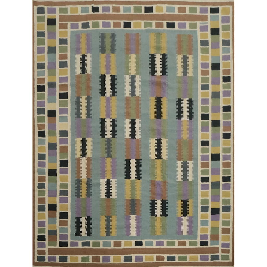 Hand Woven Oriental 100% Wool Carpet Southwestern Tribal Navy Blue & Blues Kilim Area Rug - 10' 2'' X 9' 8''