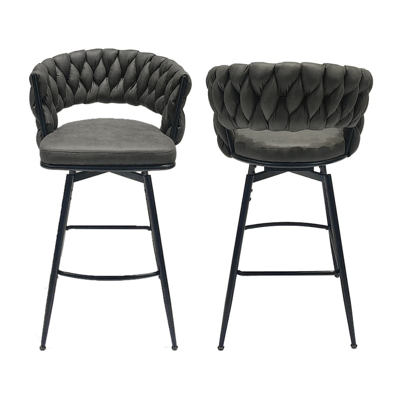 360 Swivel Leather Woven Bar Stool with Back Footrest (Set of 2)