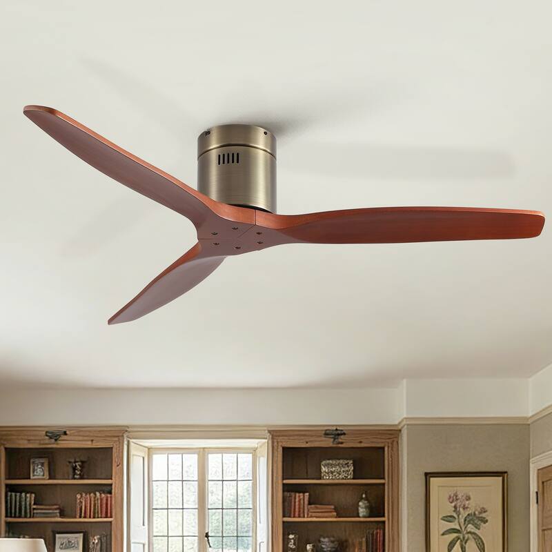 52"Mordern Rustic Elegance Solid Wood Blades Low Profile Flush Mount Ceiling Fan without Light