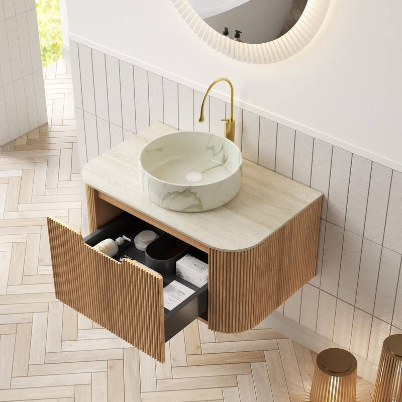 Floating Bathroom with Round Ceramic Basin and Storage Drawer