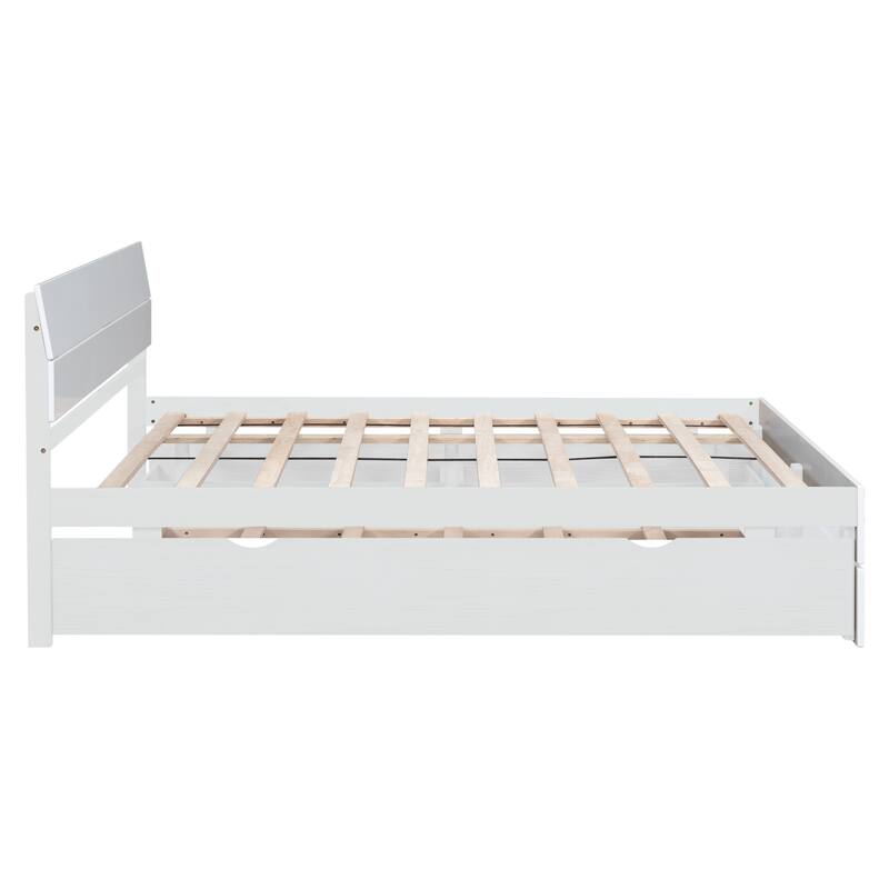 Full Platform Bed Frame Wood Slat Support with Twin Size Trundle and 2 Drawers, Headboard and Footboard - White