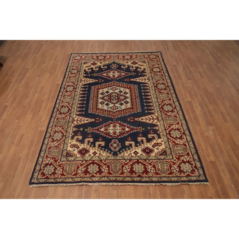 Hand Knotted Oriental 100% Wool Carpet Traditional Geometric Navy Blue & Blues Viss Area Rug - 8' 10'' X 5' 11''