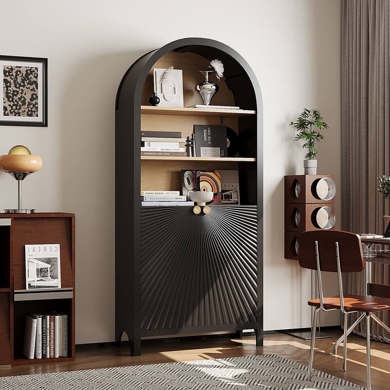 Display Arched Bookcase Cabinet,4/5-Tier Freestanding Tall Wood Arch Bookshelf Cabinets with Open Display Storage Shelves - 5-Tier Black