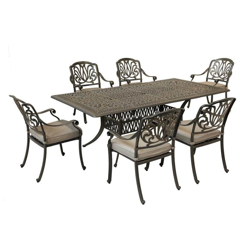 Saratoga 7-piece Gun Metal Aluminum Rectangle Dining Set with 6 Cushioned Arm Dining Chairs