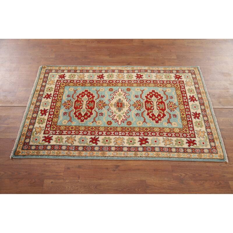 Turquoise Kazak Oriental Accent Rug Hand-Knotted Wool Carpet - 2'7" x 4'1"