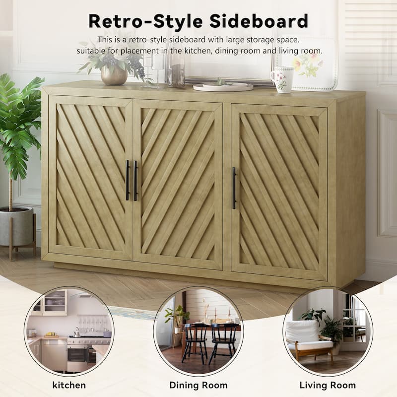3-Door Sideboard with Adjustable Shelves and Black Handles