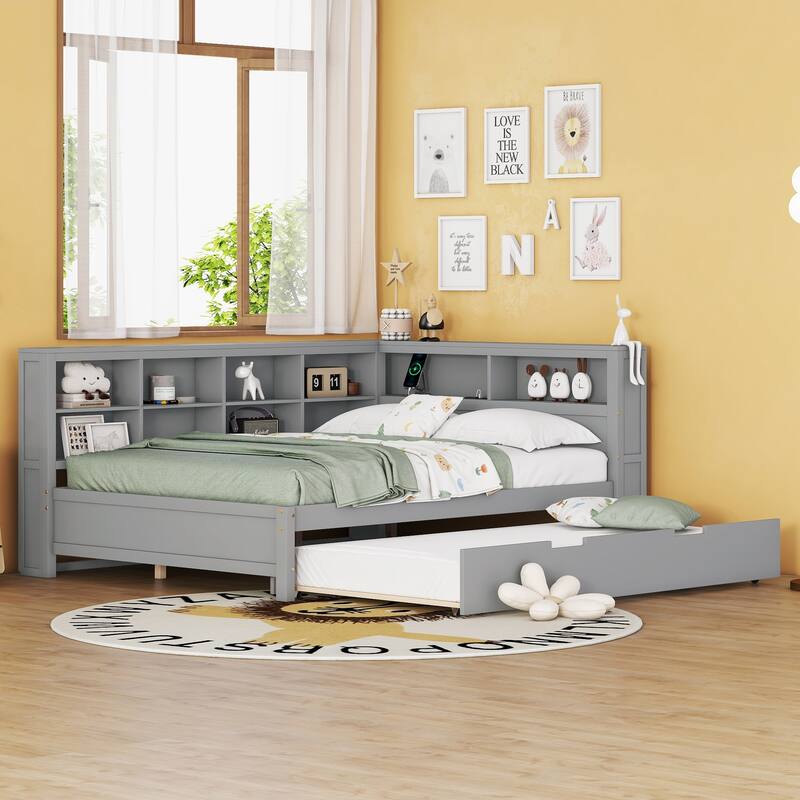 Wood Twin/Full Size DayBed with Twin Trundle, Storage Shelf and USB Charging Ports