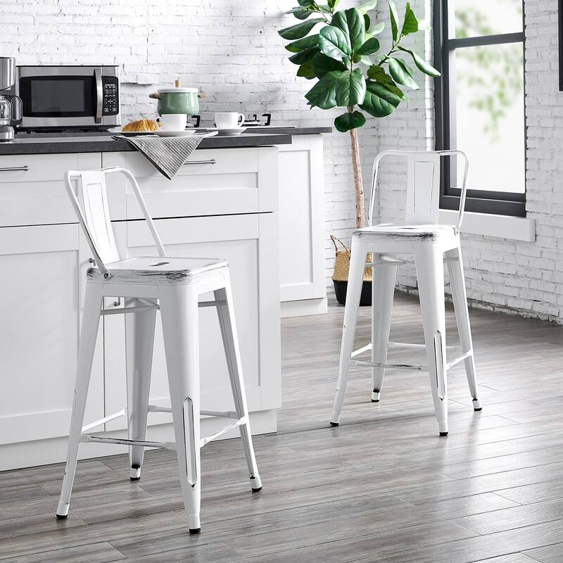 24" Seat Modern Light Weight Industrial Contemporary Metal Barstools with Bucket Back and 4 Leg Design, Bar Stools (Set of 2)