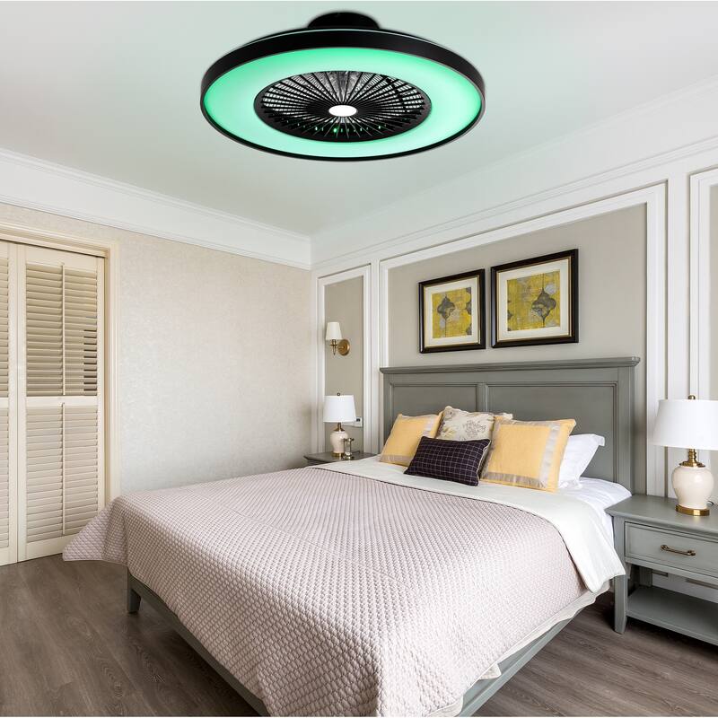 Cusp Barn 23 Inch Modern Low Profile RGB Ceiling Fan with Light, Smart Bladeless Flush Mount Enclosed Black Dimmable Ceiling Fan