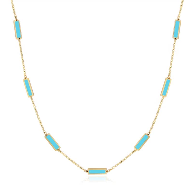 Curata 14k Yellow Gold Italian 18" Inlaid Genuine Gemstone 10X2mm Bar Station Necklace - Blue Turquoise