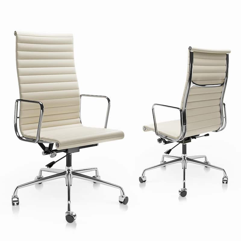 High Back Ergonomic Genuine Leather Ribbed Office Computer Chair - White High Back