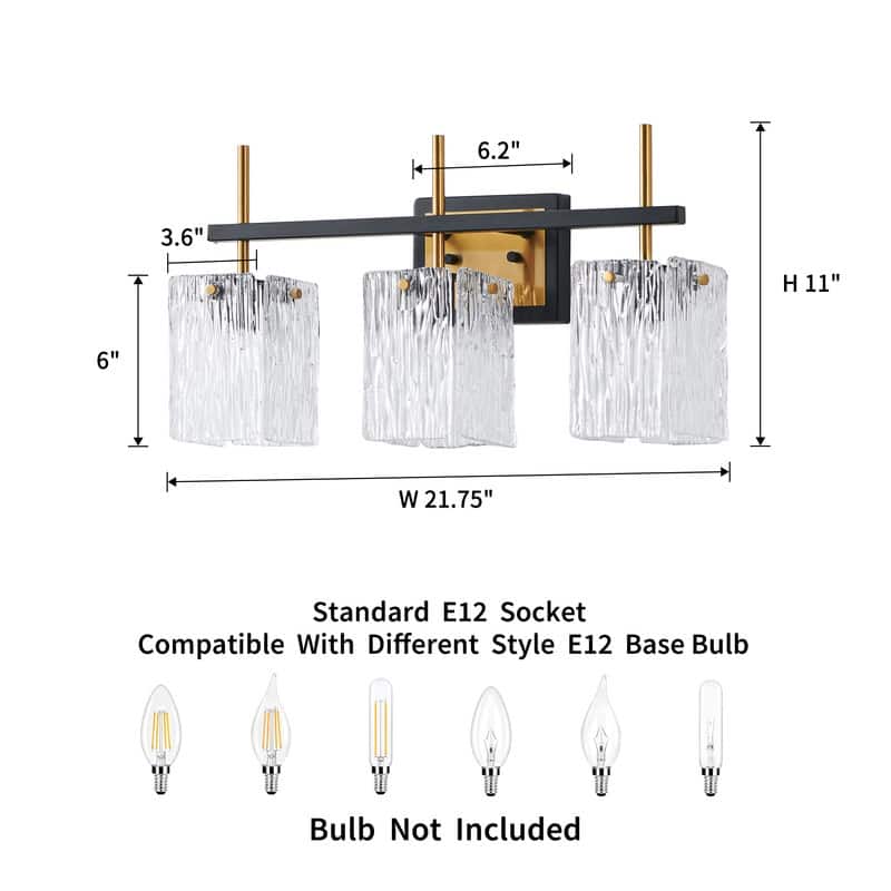 KAWOTI 22" Black &Gold Vanity Light with Textured Glass Shade - W22" x D6.5" x H11.13"