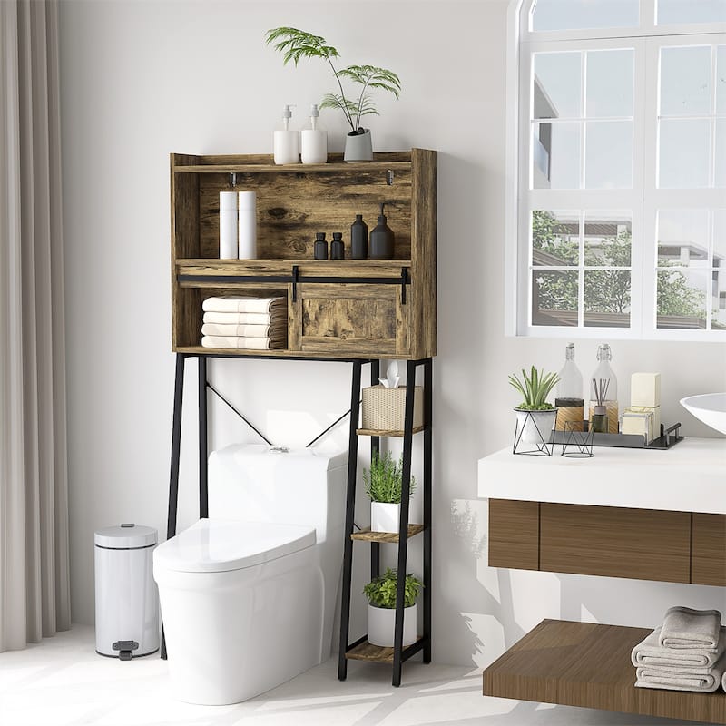 Bathroom Organizer Tower Over Toilet with Multiple Compartments and Sliding Door Storage - 31.5" W x 11.8" D x 60.6" H