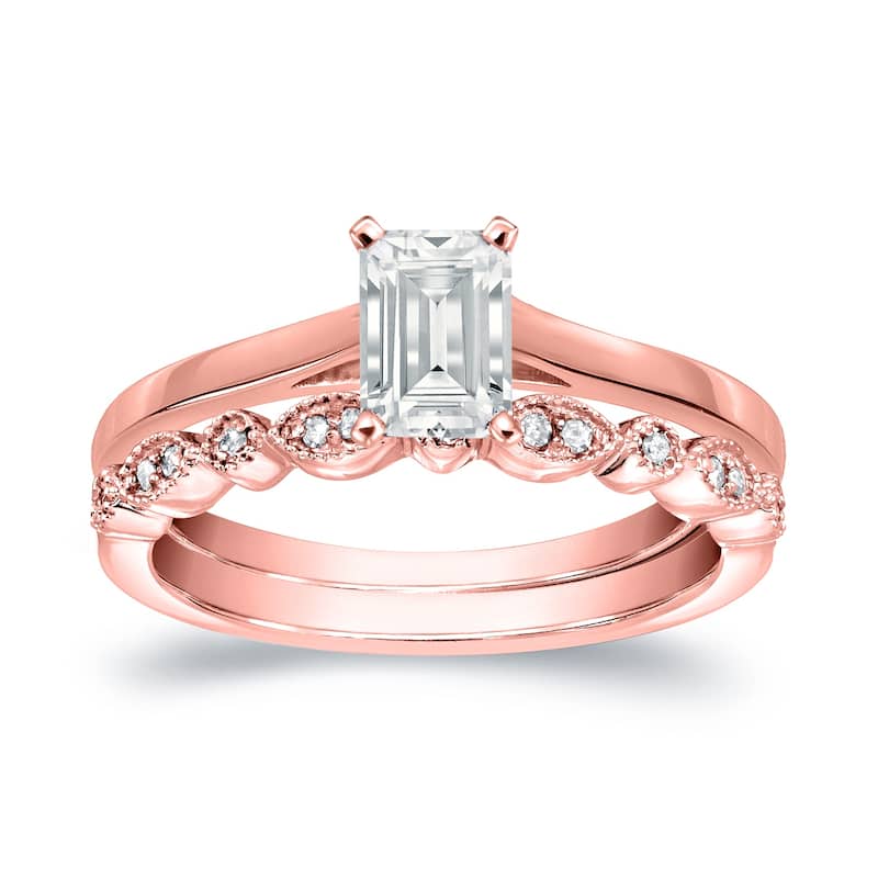 Auriya 14k Gold 1/2ctw Vintage Emerald-cut Solitaire Diamond Engagement Ring Set - Rose - 7