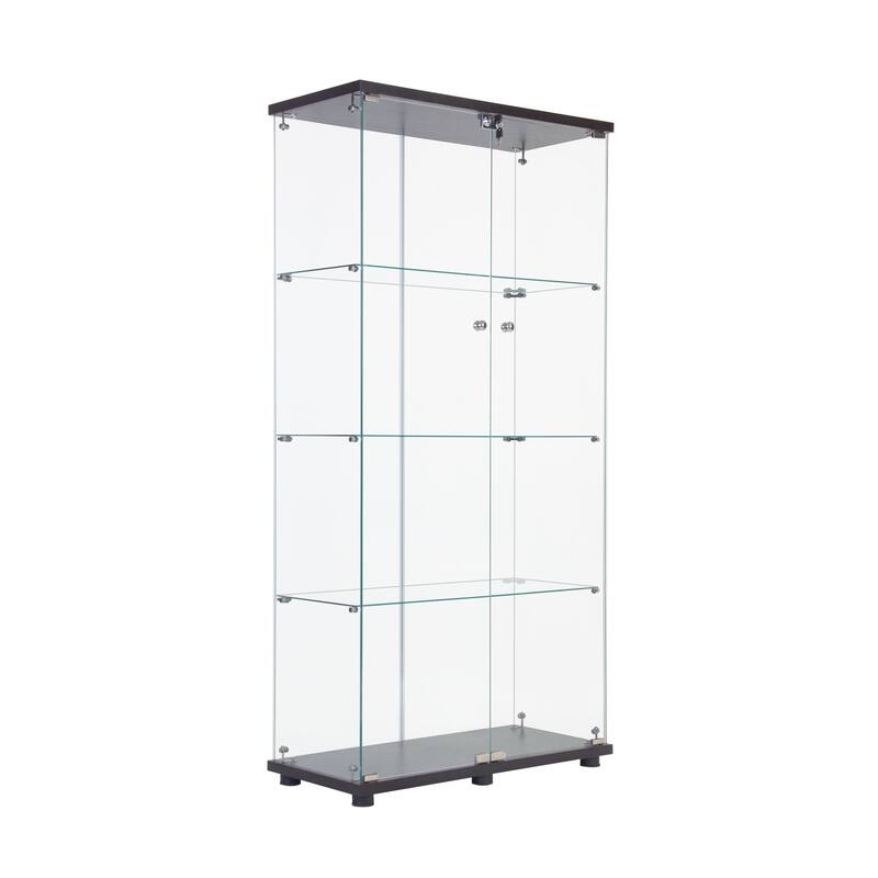 LED Strip Light Two Door Glass Cabinet Glass Display Cabinet with 4 Shelves, Black - Black