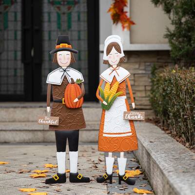 Glitzhome Thanksgiving Metal Pilgrim Yard Stake/Standing Decor/Hanging Decor (3 Functions)