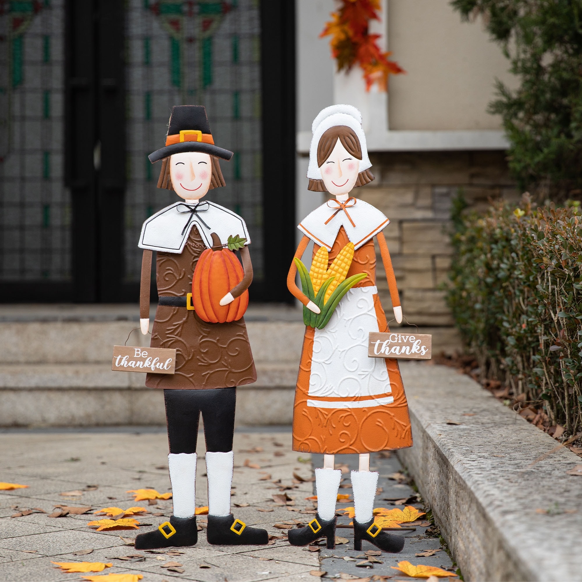Glitzhome 36"H Fall Thanksgiving Metal Pilgrim Yard Stake Standing Hanging Decor (3 Functions)
