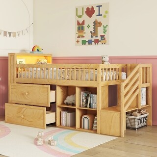 Wooden Loft Bed with Hanging Rod, LED, Bookshelf, Stairs, Storage Drawers and Shelves, Twin Size