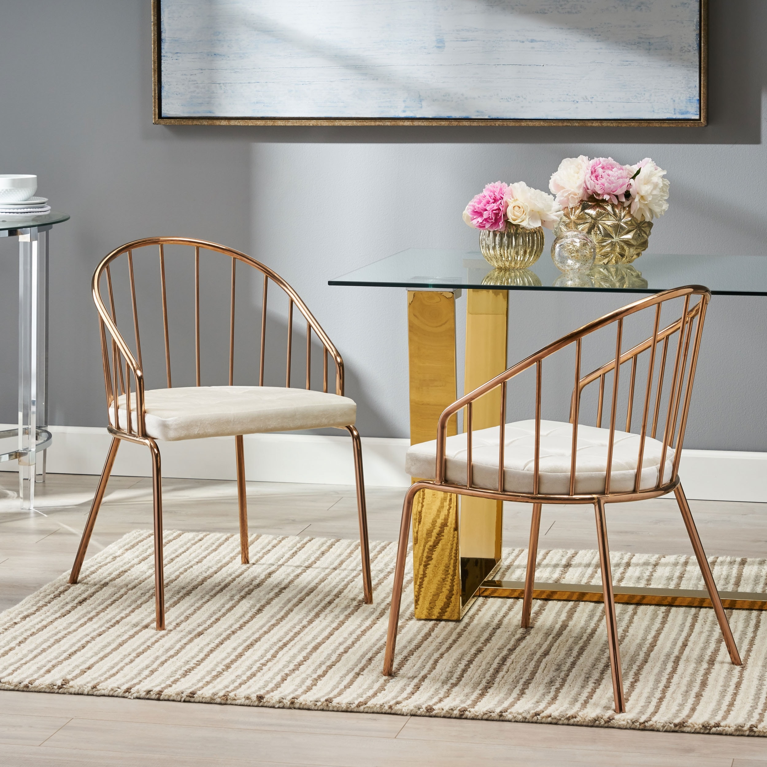 Upholstered Dining Chair Velvet Beige Cushion, Rose Gold Steel