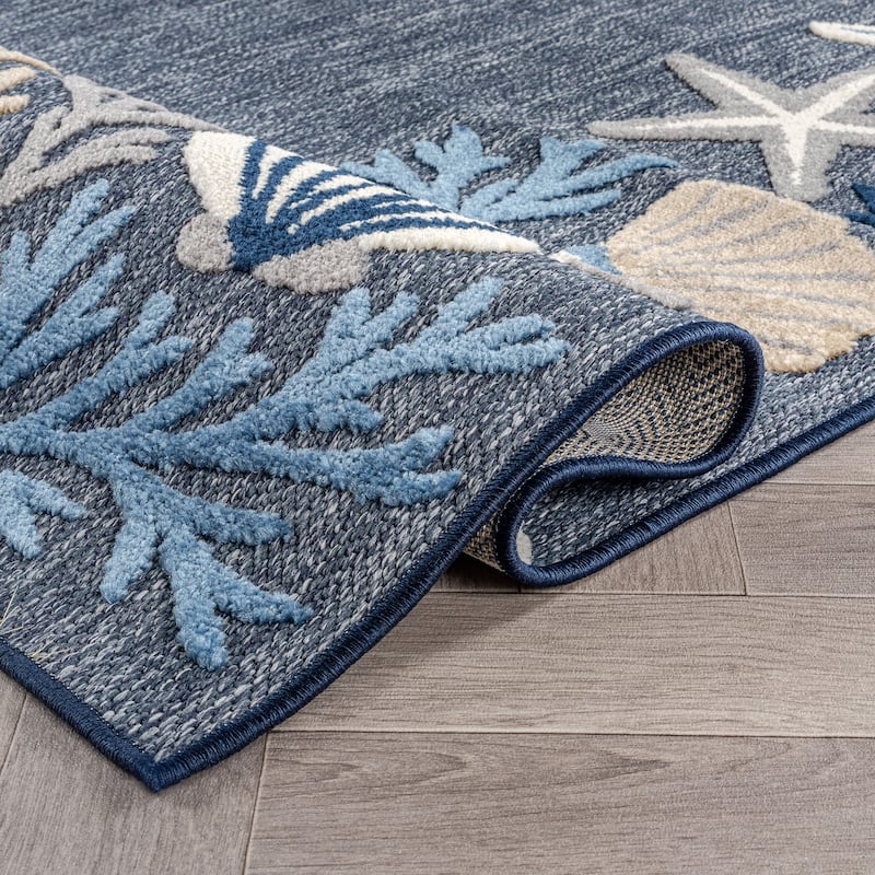World Rug Gallery Indoor/Outdoor High-Low Textured Area Rug, Coastal Border Easy-Clean Patio Rug