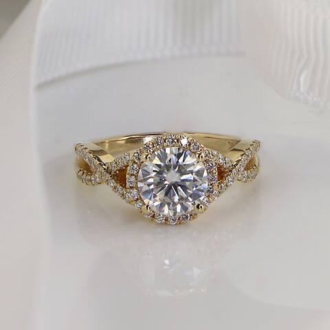 Auriya 14k Gold 1 1/2ct Twisted Moissanite Halo Diamond Engagement Ring 1/5ctw