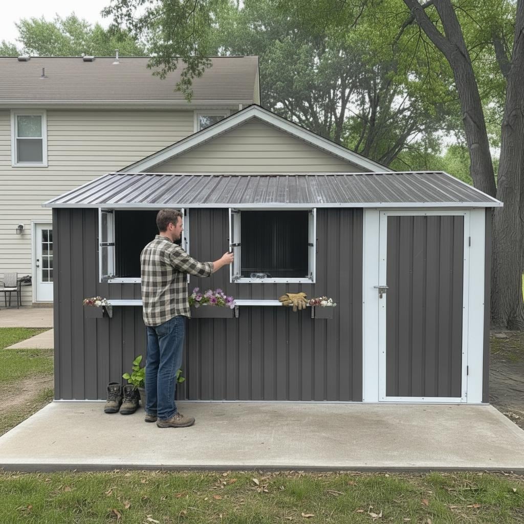 12x10 FT Outdoor Metal Storage Shed with 3 Clear Windows & Decorative Flower Rack,Lockable Single Door Tool Shed