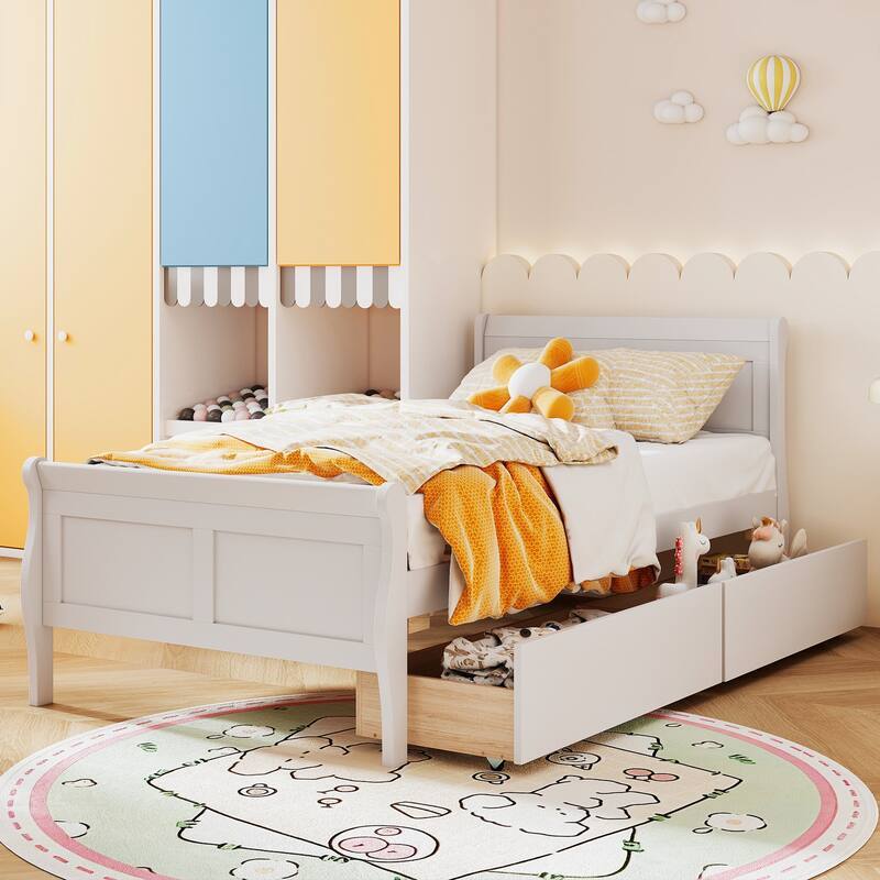 Twin Size Wooden Sleigh Platform Bed with 2 Under-Bed Drawers Included Headboard and Footboard