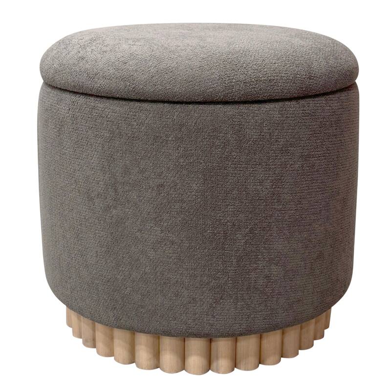 Modern Fabric and Solid Wood Round Storage Ottoman - Warm Charcoal