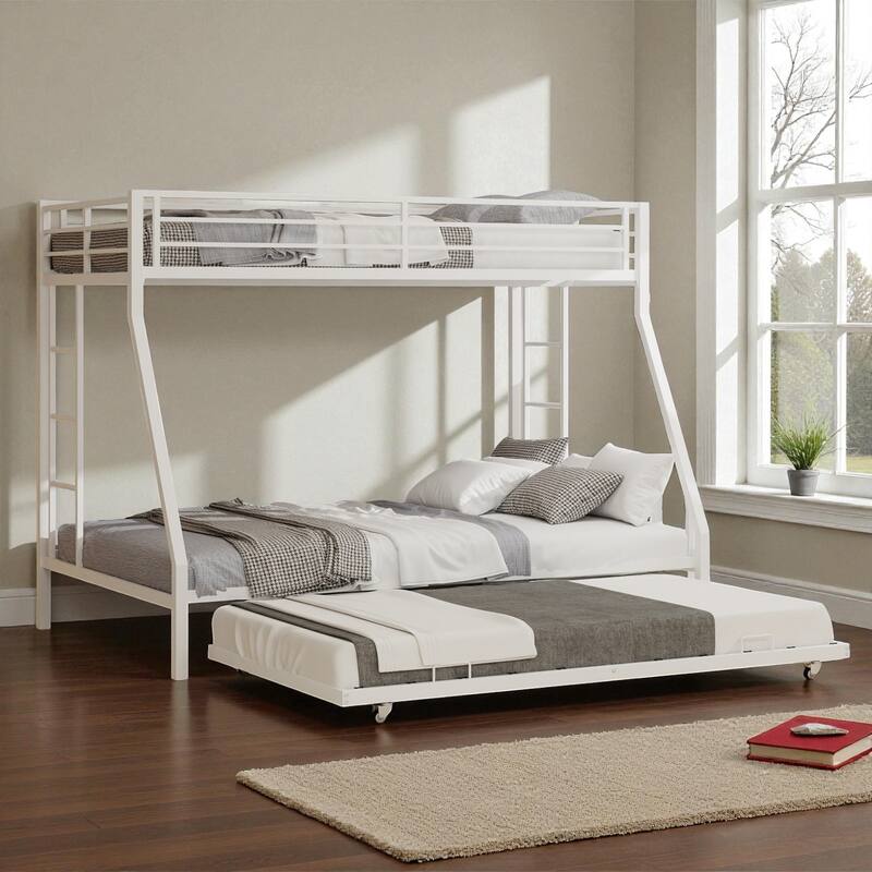Full Size Metal Bunk Bed with Ladder and Rolling Trundle, Square Tube Frame, Heavy-Duty Triple-Sleeper for Home or Dorm