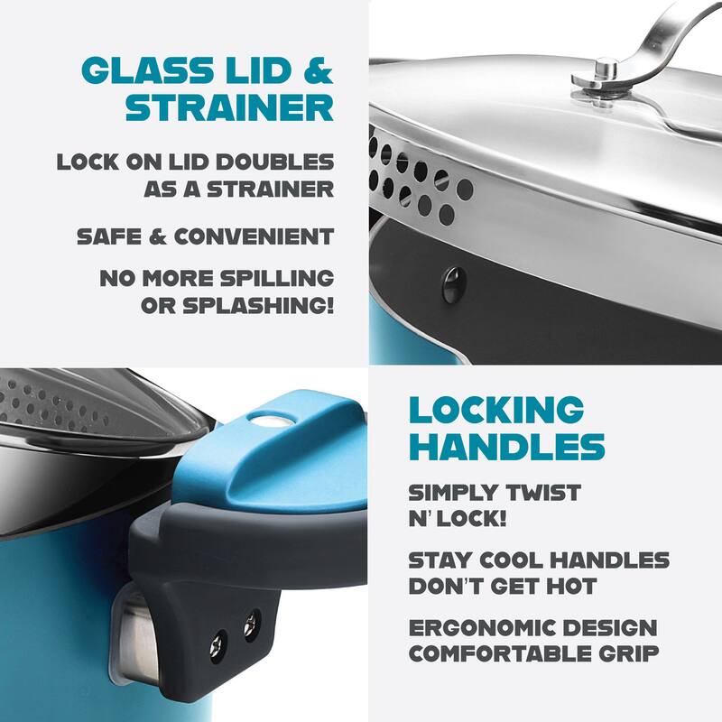 Gotham Steel Ocean Blue 5 QT Multi Purpose Pasta Pot with Twist and Lock Handles