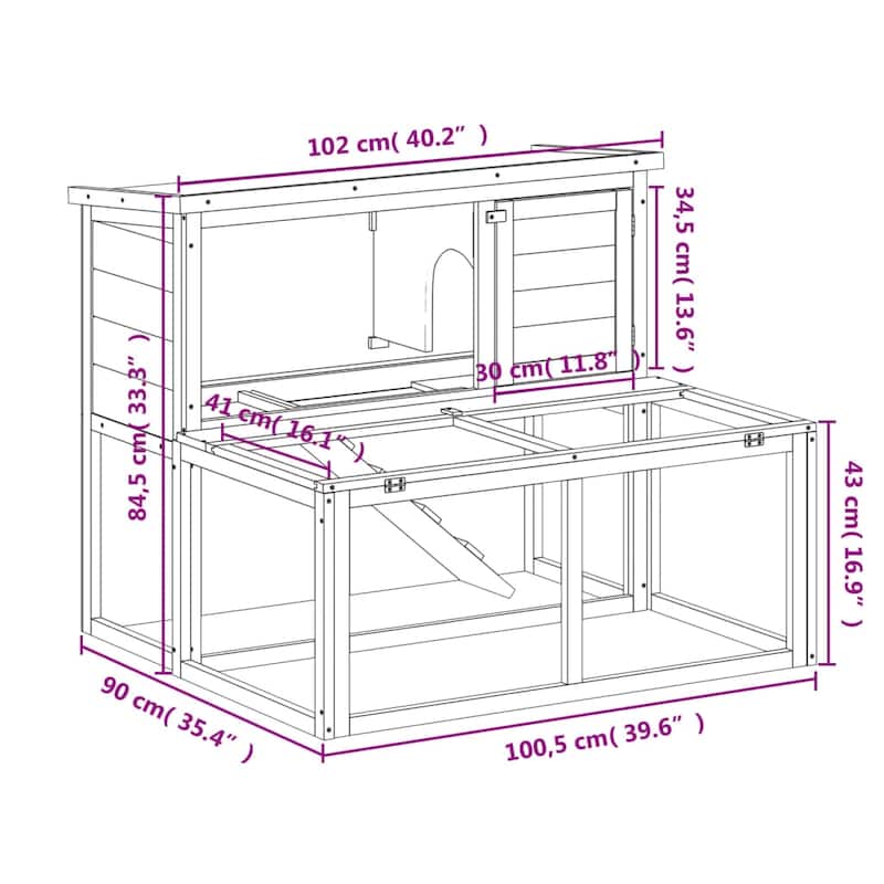 vidaXL Rabbit Hutch Brown 40.2"x35.4"x33.3" Solid Wood Pine - 40.2" x 35.4" x 33.3"