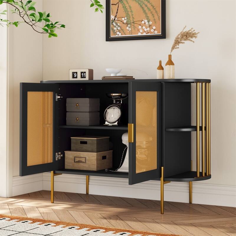 Elegant Curved Buffet Cabinet with 2 Woven Rattan Doors, Sideboard Accent Storage Cabinet with Storage Shelves & with Gold Trim