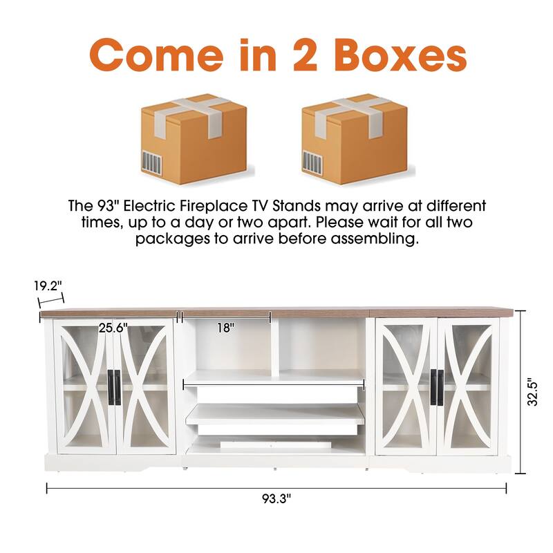 93" Farmhouse White Barn Door Storage Cabinets Console TV Stand for TVs Up to 100" with Adjustable Shelves