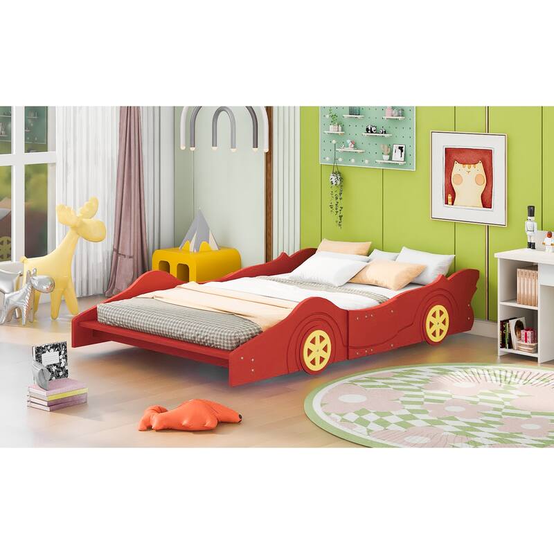 Full Size Race Car Platform Bed with Wheels in Red, Black, or Blue