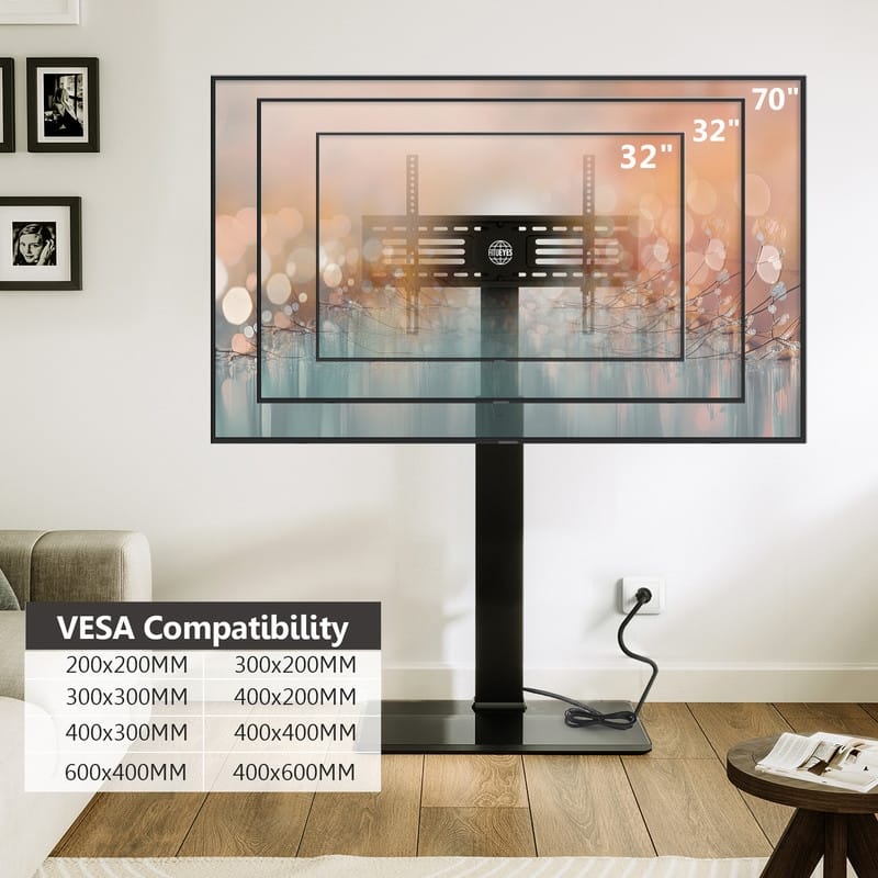 FITUEYES Black Metal Base Floor TV Stand for TVs up to 70 inch with Power Strip Mount and Swivel