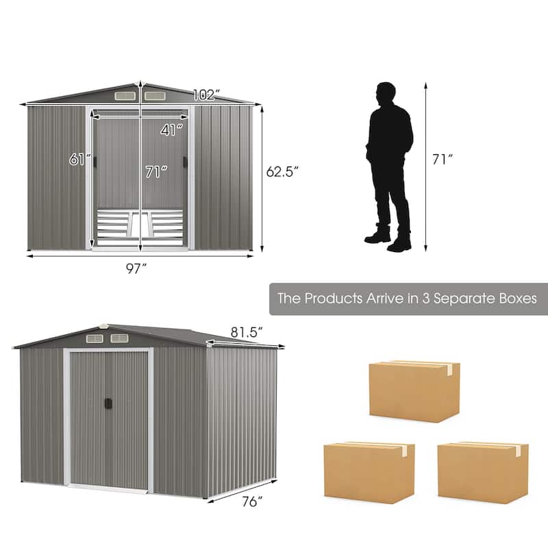 Costway 8'x6' Outdoor Storage Shed Galvanized Steel Tool House - 102'' x 81.6'' x 72'' (L X W X H)