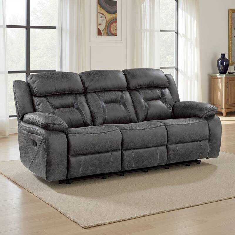 Mady Manual Reclining Sofa, Pillow Tufted, Dark Gray Polyester 85 Inch