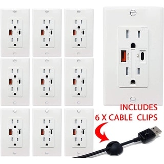 White Dual USB A 10 Pack Teklectric 4.2A High Speed Dual USB Receptacle 20A Tamper Resistant Receptacle Outlet & Free Wall Plate 