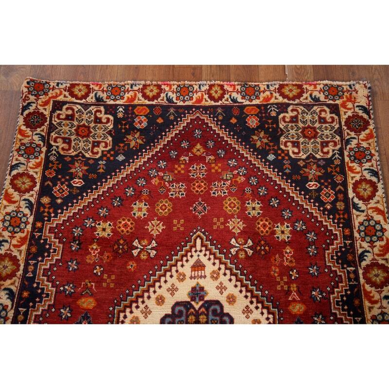 Shiraz Persian Vintage Area Rug Handmade Geometric Red Wool Carpet - 3'2"x 4'10"