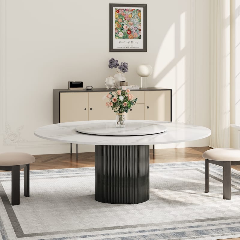 59" Modern Round Dining Table for 6-8, Glossy White Sintered stone Table top, Steel Grille column base