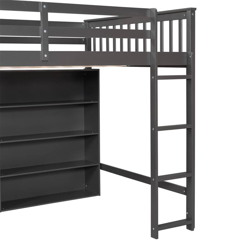Full Size Wood Loft Bed w/ 8 Open Storage Shelves and Built-in Ladder