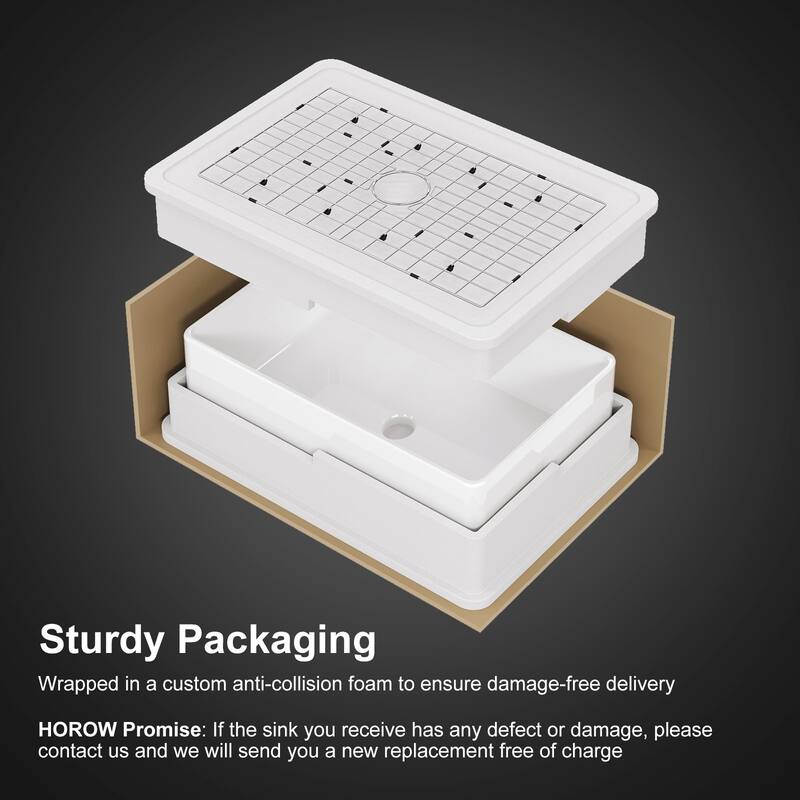 HOROW White Fireclay 30 in. x 20 in. Single Bowl Farmhouse Apron Front Kitchen Sink with Bottom Grid and Strainer - 30x20 Inch