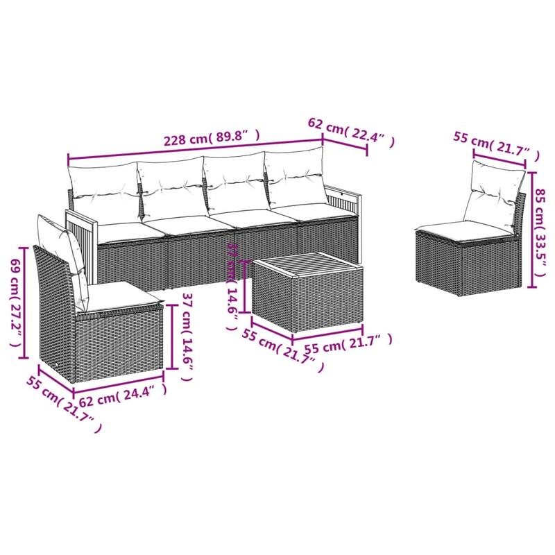 vidaXL 7 Piece Patio Sofa Set with Cushions Gray Poly Rattan - 66.6x27.2x66.6