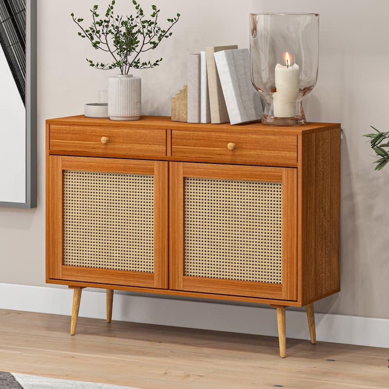 Rattan Doors Kitchen Cabinet with 2 Drawers and Adjustable Shelf - Brown