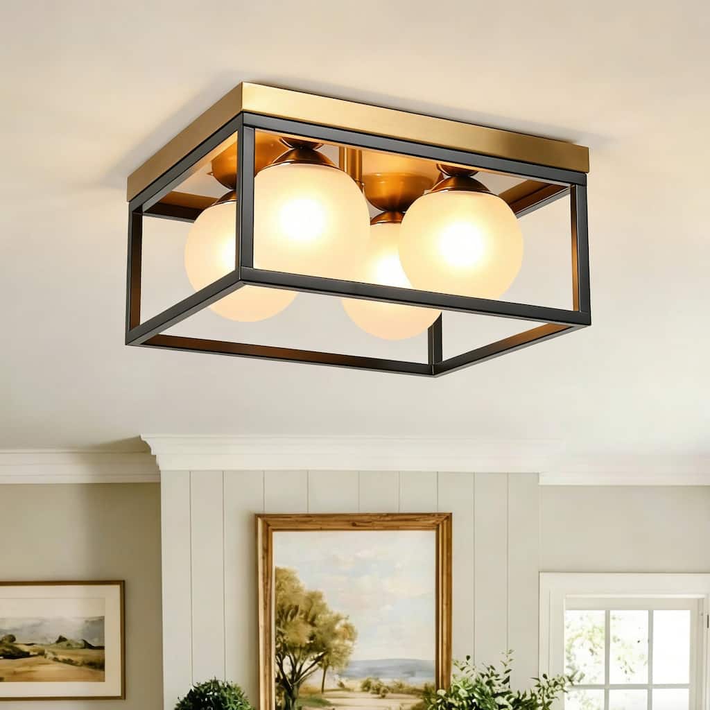 Modern Black Gold 4-Light Semi Flush Mount Ceiling Light with Frosted Globe Glass - D14"xH6.5"