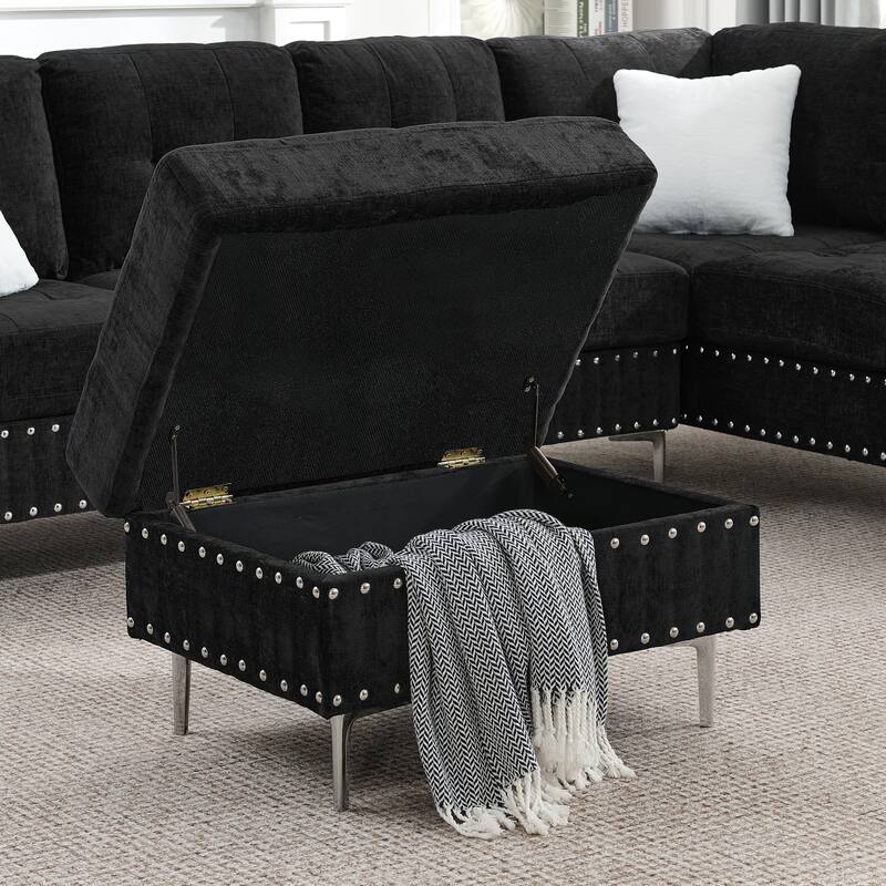 Chenille L-Shaped Sectional Sofa with Chaise & Storage Ottoman, Corner Sofa with 2 Pillows, Metal Legs & Copper Nails