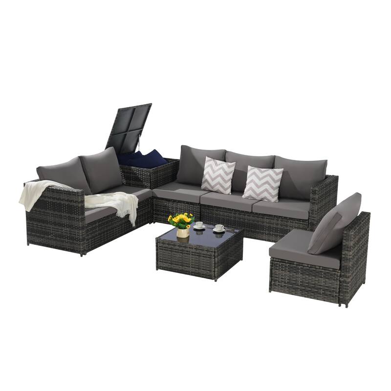 6-Piece Outdoor Wicker Sectional Patio Furniture Set with Storage Corner, and Tempered Glass Coffee Table
