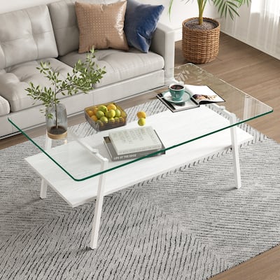 Rectangle Coffee Table with Tempered Glass Tabletop and Metal Legs
