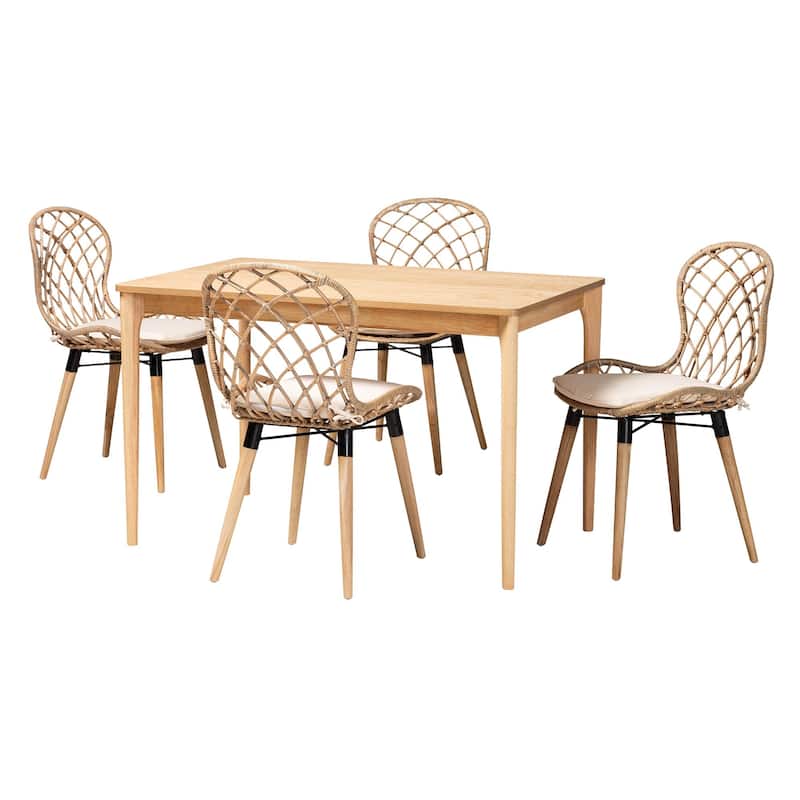 Sabelle Modern Bohemian Finished Wood and Rattan Dining Set - Greywash, Natural Brown, White, Black - 5-Piece